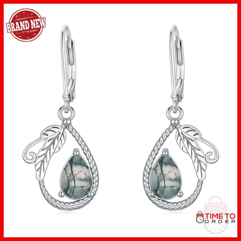 Sterling Silver Pear Cut Agate Dangle Earrings With Leaf Leverback
